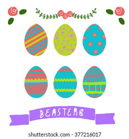 Hand-drawn doodle happy Easter day postcard print with eggs, bunnies letters. Design elements. Doodle hand drawn style illustration for greeting card, t-shirts and bags print, scrapbooking