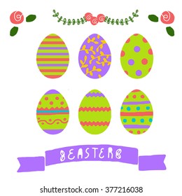 Hand-drawn doodle happy Easter day postcard print with eggs, bunnies letters. Design elements. Doodle hand drawn style illustration for greeting card, t-shirts and bags print, scrapbooking