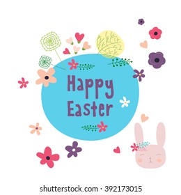 Hand-drawn doodle happy Easter day postcard print with eggs, bunnies letters. Design elements. Doodle hand drawn style illustration for greeting card, t-shirts and bags print, scrapbooking