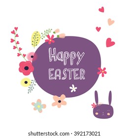 Hand-drawn doodle happy Easter day postcard print with eggs, bunnies letters. Design elements. Doodle hand drawn style illustration for greeting card, t-shirts and bags print, scrapbooking