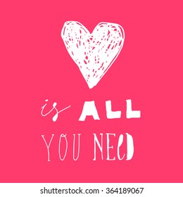 Hand-drawn doodle happy valentines day postcard print with hearts lettering letters red. Design elements. Doodle hand drawn style illustration for greeting card, t-shirts and bags print, scrapbooking