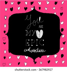Hand-drawn doodle happy valentines day postcard print with hearts lettering letters red. Design elements. Doodle hand drawn style illustration for greeting card, t-shirts and bags print, scrapbooking