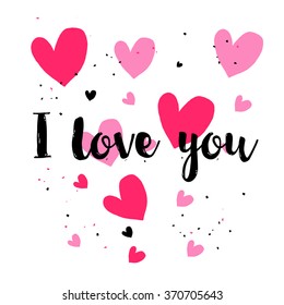 Hand-drawn doodle happy valentines day postcard print with hearts lettering letters red. Design elements. Doodle hand drawn style illustration for greeting card, t-shirts and bags print, scrap-booking