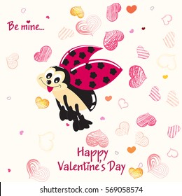 Hand-drawn doodle happy valentines day postcard print with hearts lettering letters red. Design elements. Doodle hand drawn style illustration for greeting card, t-shirts and bags print, scrapbooking