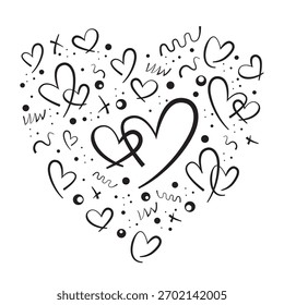 Dibujado a mano doodle corazón composición. Ilustración vectorial en blanco y negro con varios corazones garabateados, cruces y puntos, formando una forma de corazón Grande