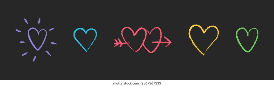 Hand-drawn doodle hearts in crayon style. Set of colorful childish sketches on dark background. Chalk naive love drawings, simple line art.