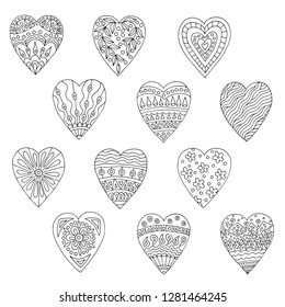 Hand-drawn doodle hearts with patterns for coloring books, for Valentine's day