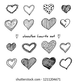 Hand-drawn doodle hearts vector illustration set isolated on white. Design elements for Valentine's day
