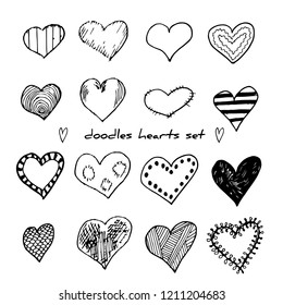 Hand-drawn doodle hearts vector illustration set isolated on white. Design elements for Valentine's day