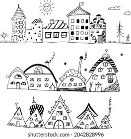 Hand-drawn doodle house vector, Cartoon houses. A set of funny houses.