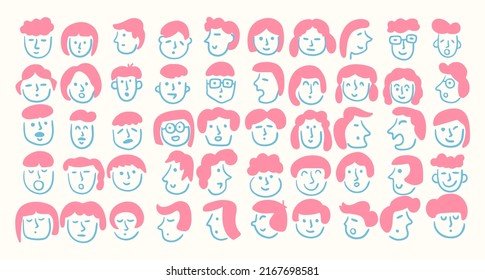 Handdrawn doodle human people emoji. Modern trendy vector collection