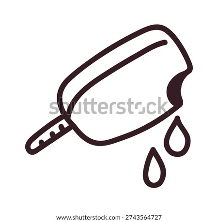 Handdrawn doodle of an ice cream bar on stick with bite mark and melting drip in bold line art. Symbol of summer treat, indulgence, refreshment, and instant craving. Vector illustration