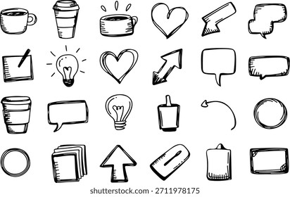  Paquete de iconos de Doodle dibujado a mano. Vector Sketch Colección de Iconos de Negocios y Comunicación. Conjunto de iconos de Doodle dibujado a mano: café, idea, amor y burbujas de discurso.