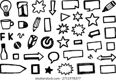 Icono de doodle dibujado a mano en blanco y negro con flechas de estilo boceto, estrellas, burbujas de discurso, rectángulos, marcadores y Formas decorativas. Ideal para diseños creativos, diseño digital.