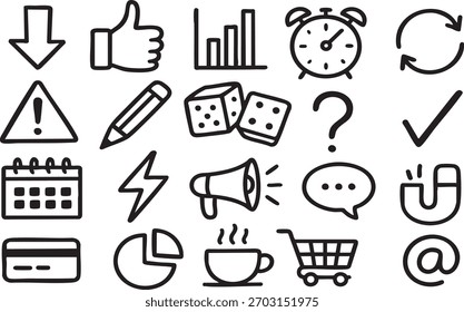 Handgezeichnetes Doodle-Symbolset: Kommunikations-, Geschäfts-, Emotion-, Ideen- und Feedback-Symbole im schwarz-weißen Skizzenstil	
