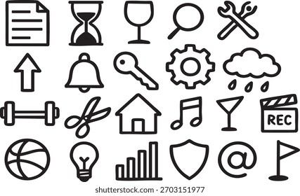 Hand-Drawn Doodle Icon Set: Communication, Business, Emotion, Idea and Feedback Symbols in Black and White Sketch Style	