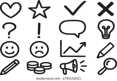 Conjunto de ícones de doodle desenhado à mão: Comunicação, Negócios, Emoção, Ideia e Símbolos de Feedback em Preto e Branco Estilo de esboço	