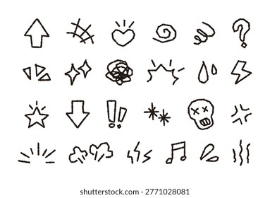 Hand-drawn doodle icon set of emotional symbols and graphic effects. Black ink style illustrations of hearts, stars, arrows, and speech bubbles isolated on white background.