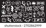 Hand-drawn doodle icon set on a black background with playful white sketches. Includes symbols like stars, smiley faces, lightning bolts, gaming icons, and skateboarding elements. A fun graffiti-style