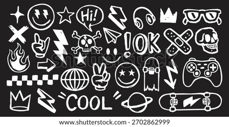 Hand-drawn doodle icon set on a black background with playful white sketches. Includes symbols like stars, smiley faces, lightning bolts, gaming icons, and skateboarding elements. A fun graffiti-style