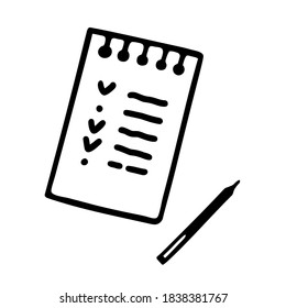 Hand-drawn doodle icon - To-do list, pen or pencil. Detachable notepad with notes. Solved tasks are marked on the sheet. Black outlines on a white isolated background. Vector Stock illustration.