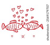 Hand-drawn doodle icon of two kissing fish with hearts floating like bubbles. Love-themed web or digital designs, Valentines Day, weddings, anniversaries, greeting cards, prints, invitations, stickers