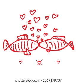 Hand-drawn doodle icon of two kissing fish with hearts floating like bubbles. Love-themed web or digital designs, Valentines Day, weddings, anniversaries, greeting cards, prints, invitations, stickers