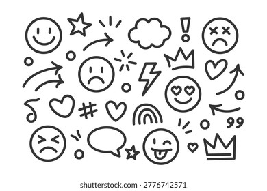 Hand-drawn doodle icons featuring diverse emotions, symbols, and shapes. Perfect for social media and design