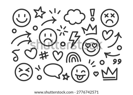 Hand-drawn doodle icons featuring diverse emotions, symbols, and shapes. Perfect for social media and design