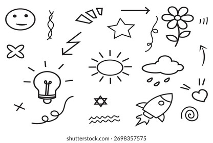 Iconos de doodle dibujados a mano que incluyen bombilla, cohete, flor, sonriente.