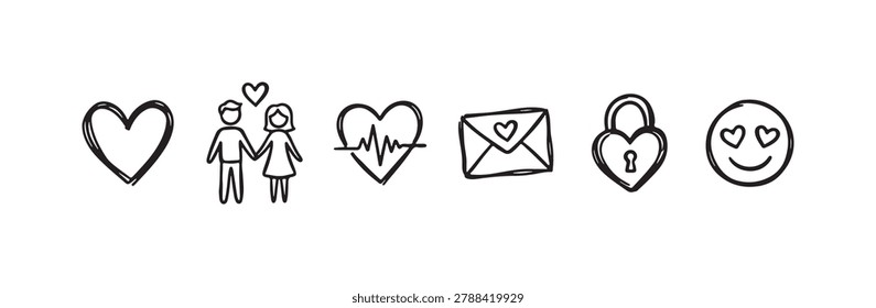 Hand-drawn doodle icons representing love, romance, and relationships, featuring hearts, a couple, a love letter, and an emoji with heart eyes