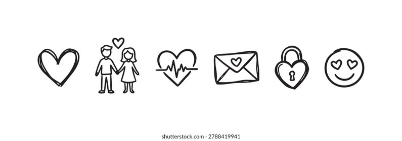 Hand-drawn doodle icons representing love, romance, and relationships, featuring hearts, a couple, a love letter, and an emoji with heart eyes
