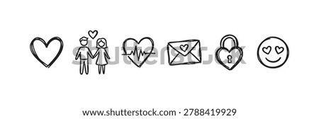Hand-drawn doodle icons representing love, romance, and relationships, featuring hearts, a couple, a love letter, and an emoji with heart eyes