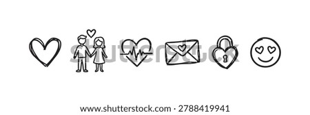 Hand-drawn doodle icons representing love, romance, and relationships, featuring hearts, a couple, a love letter, and an emoji with heart eyes