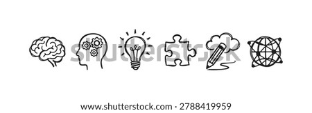 Hand-drawn doodle icons representing thinking, ideas, learning, and global knowledge, including a brain, gears in a head, lightbulb, puzzle, pencil cloud, and a globe.