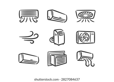 Hand-drawn doodle icons representing various air conditioning and ventilation systems