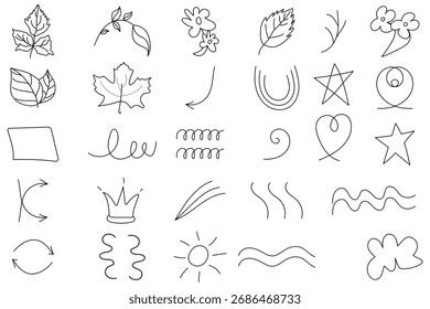 Hand-drawn doodle icons set featuring leaves, flowers, stars, arrows, spirals, hearts, and waves. Minimalist sketch style line art elements for design, decoration, or creative illustration projects.