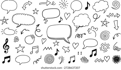Iconos de doodle dibujados a mano con burbujas de discurso, flechas, notas de música, estrellas, corazones, remolinos, Ilustración vectorial de boceto juguetón