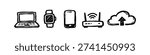 Hand-drawn doodle icons of technology including a laptop, smartwatch, smartphone, wifi router, and cloud upload on white background.