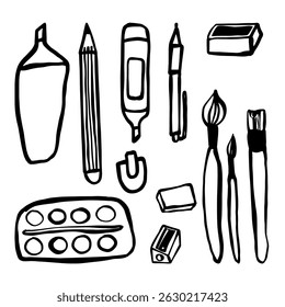 Desenho à mão Doodle Ilustração de Suprimentos de Arte: Pincel, Tintas, Afiador, Lápis, Caneta, Borracha em Estilo de Esboço, Ideal para Branding 