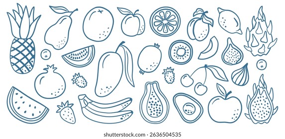 Hand-drawn doodle illustration of assorted fruits like pineapple, mango, and dragon fruit in blue line art, ideal for healthy eating, tropical themes, and food-related designs.