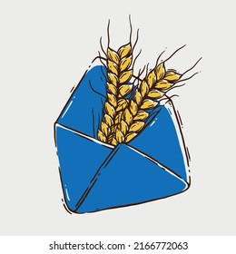 A handdrawn doodle illustration of a blue envelope with spikelets of golden yellow wheat sticking out of it. Global world food crisis. World food shortage. Parcel with grains. Wheat transportation