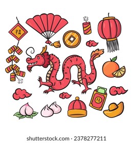 handdrawn doodle illustration of chinese new year 2024 year of dragon with other element object icons