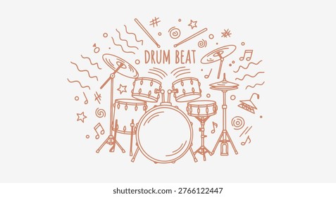 Hand-drawn doodle illustration of a drum kit with the text Drum Beat and musical notes on a white background.