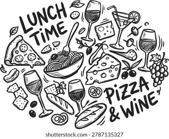 A hand-drawn doodle illustration featuring various lunch items like pizza, pasta, wine, cheese, and fruit against a white background.