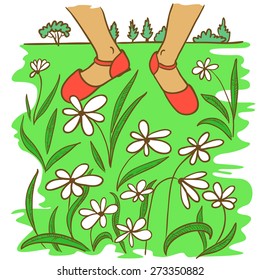 Hand-drawn doodle illustration with feet on the lawn with flowers