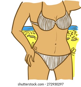 Hand-drawn doodle illustration with girl in a bikini on the beach