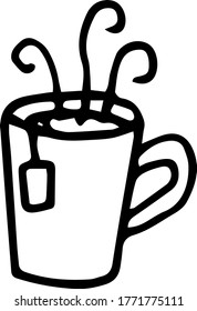 
hand-drawn doodle illustration of a hot tea mug black and white
