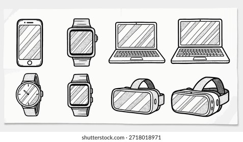 Ilustração de doodle desenhado à mão de tecnologia moderna. Os recursos incluem smartphones, smartwatches, relógios analógicos, notebooks e headsets de realidade virtual, retratados com contornos pretos e sombreamento simples.