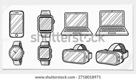 Hand-drawn doodle illustration of modern technology. Features include smartphones, smartwatches, analog watches, laptops, and virtual reality headsets, depicted with black outlines and simple shading.